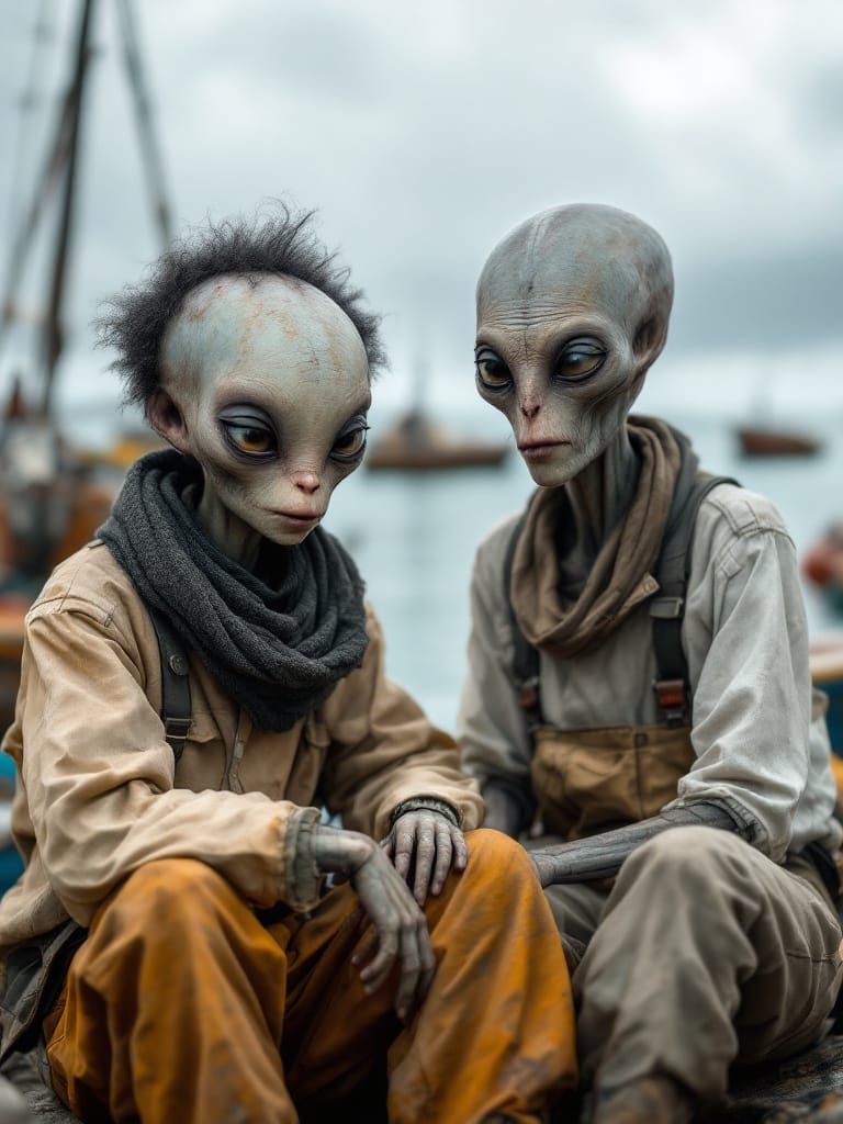 Alien Fisherman in Overcast Harbor, Magical Realism