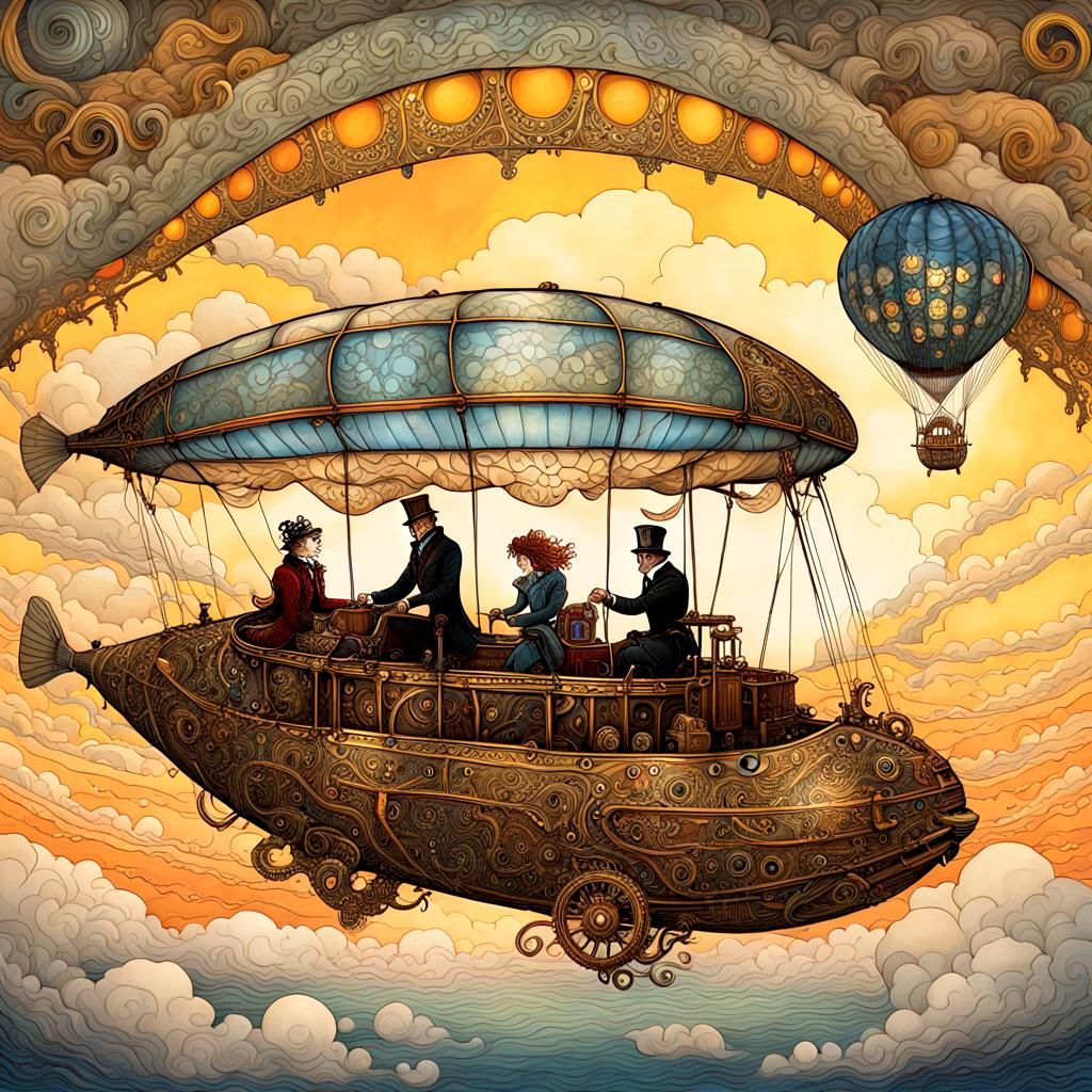 Steampunk Zeppelin Ride in Vibrant Fantasy Art Style