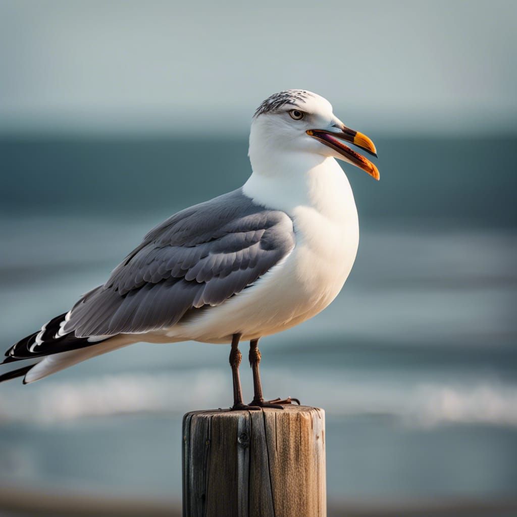 Seagull Squawking on Beach Post in Hyperrealism