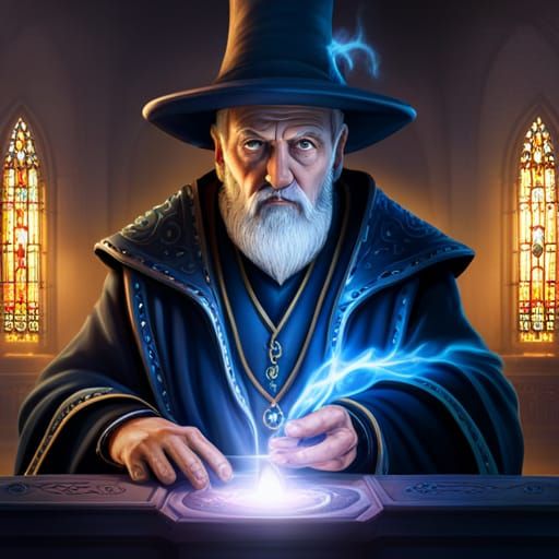 Fantasy Wizard Casting Spells in Stone Turret