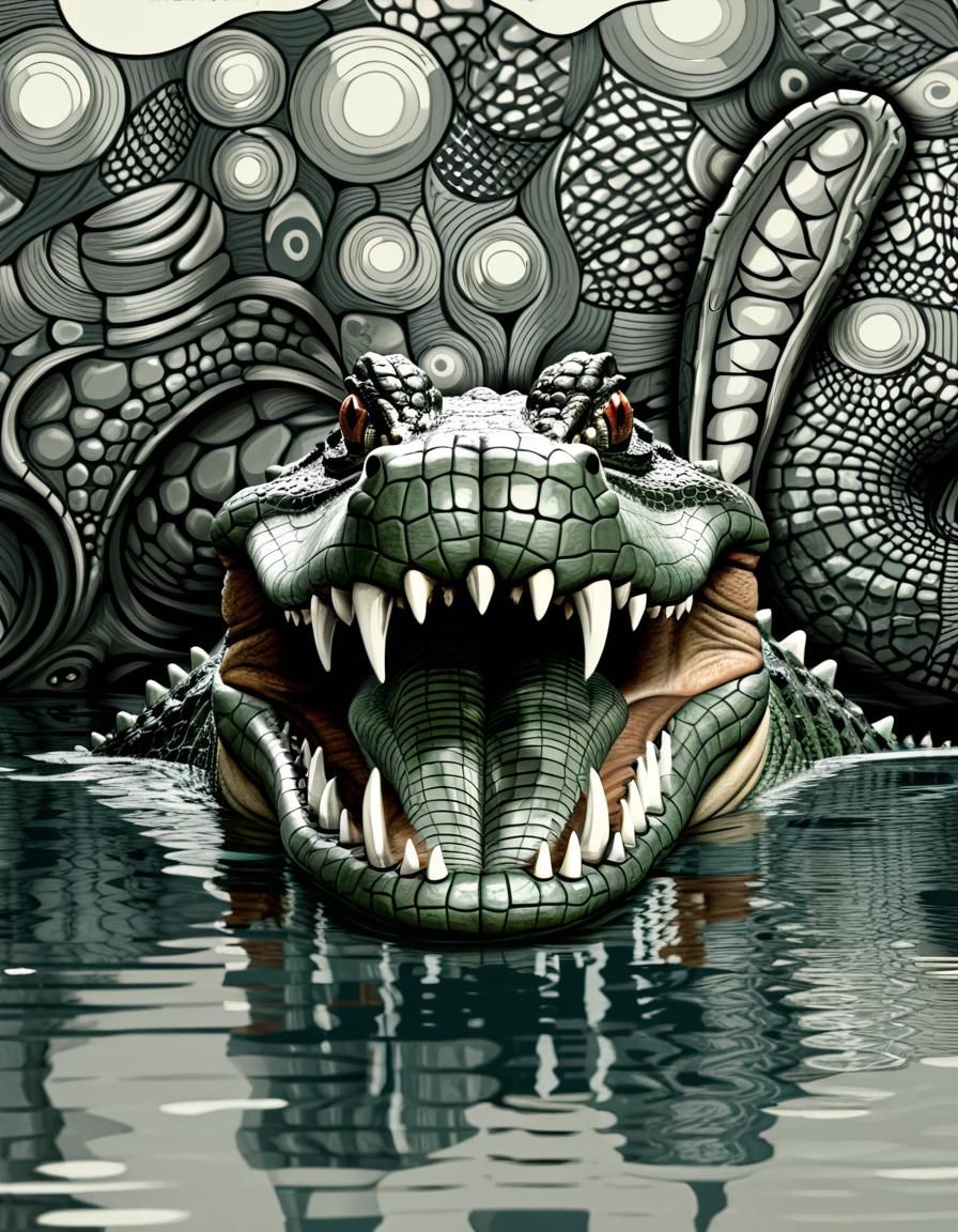 Menacing Crocodile Snout in Escher-Inspired Doodle Art