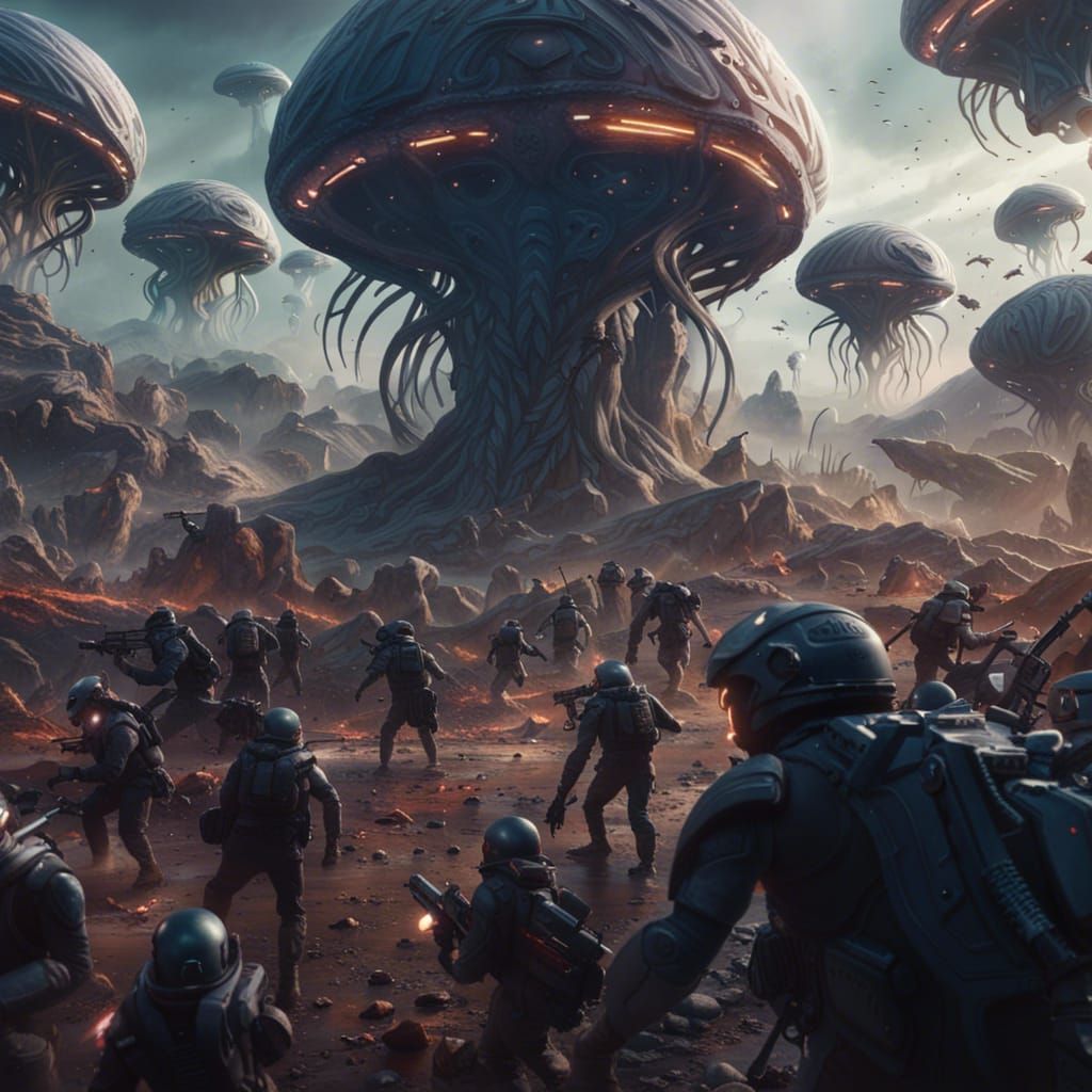 Soldiers Fighting Hordes of Aliens in Detailed Matte Paintin...