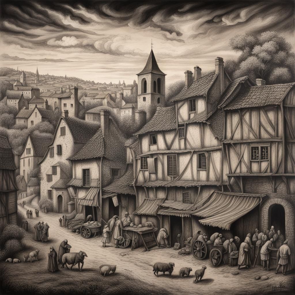 French Countryside During the Plague: Charcoal Drawing