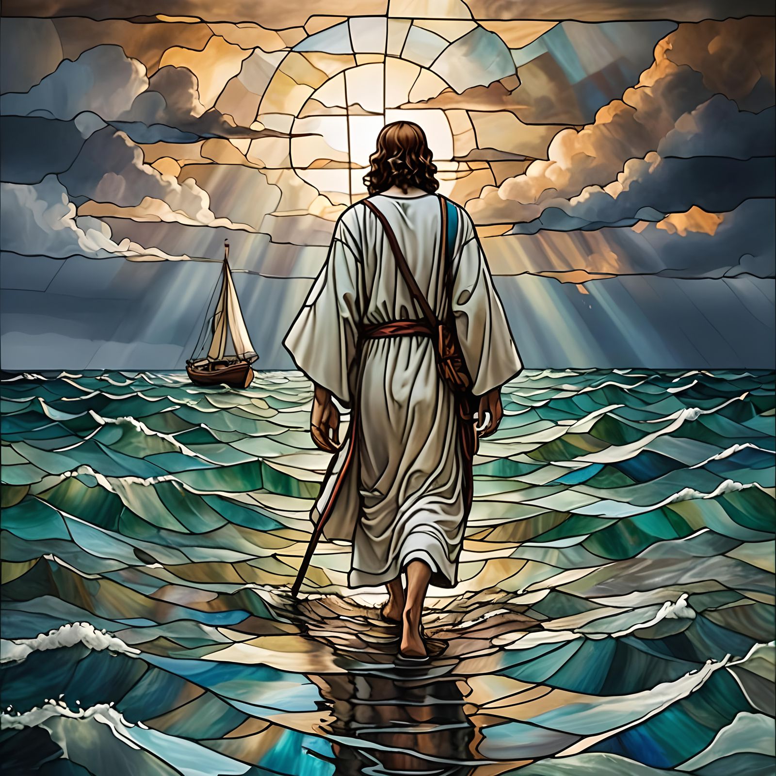 Jesus Walks on Water During Storm: Stained Glass Style
