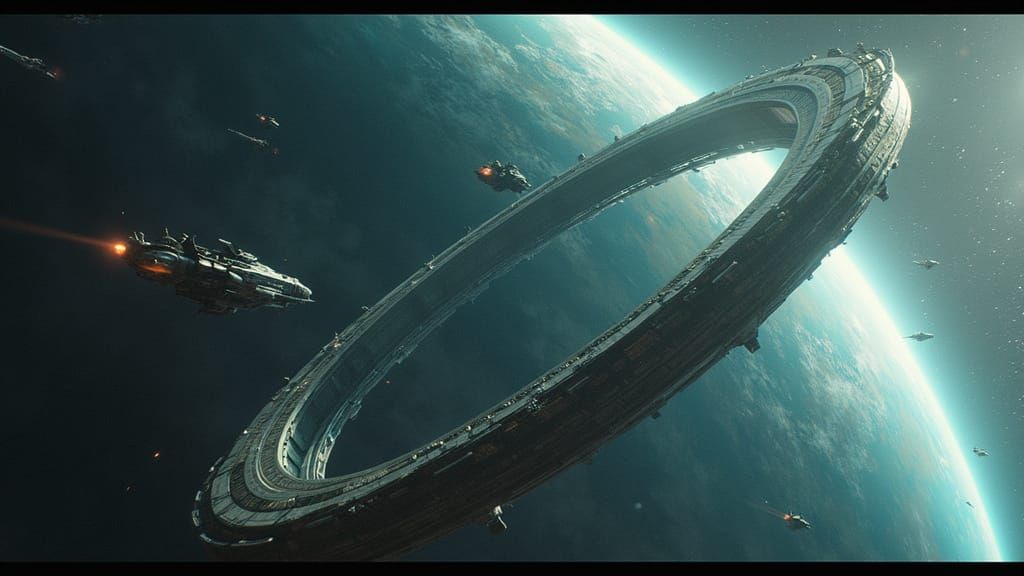 Orbital Ring with Bioluminescent Life in Retro Sci-Fi Style