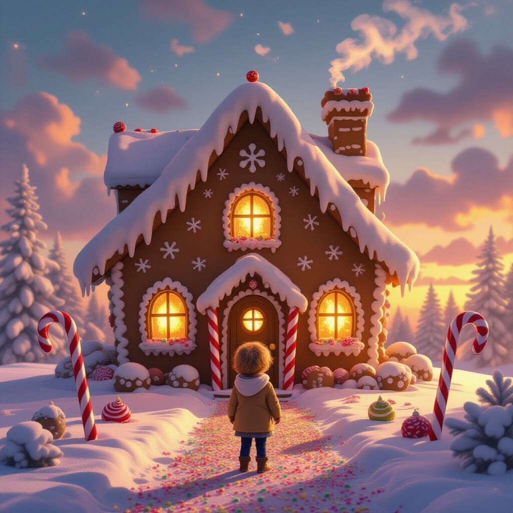 Child Gazes at Magical Gingerbread House at Sunset