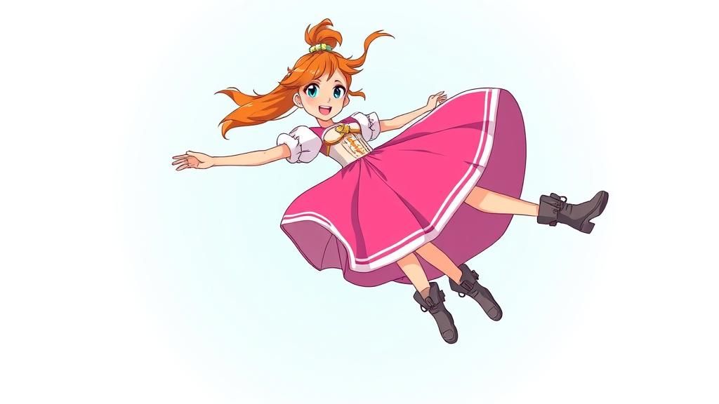 Cartoon Woman Uses Princess Dress as Parachute