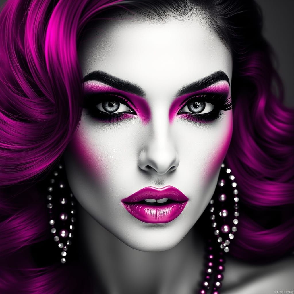 Stylized Decadent Woman in Black, White, and Magenta