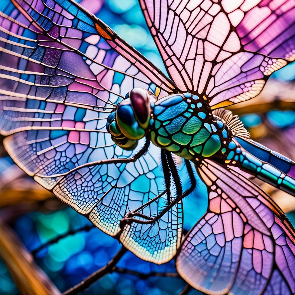 Blue Dragonfly Wing Macro in Stained Glass Style