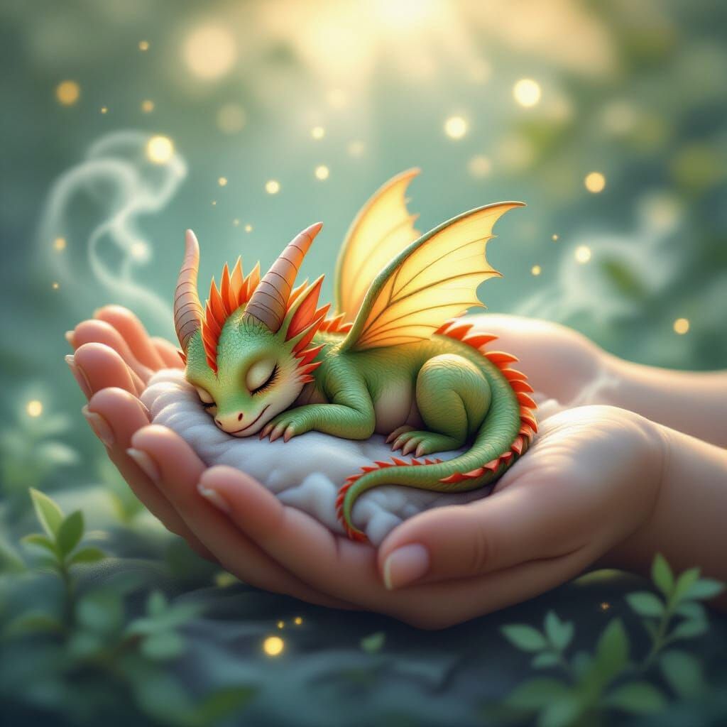 Tiny Fairy Dragon Asleep in Child's Hand