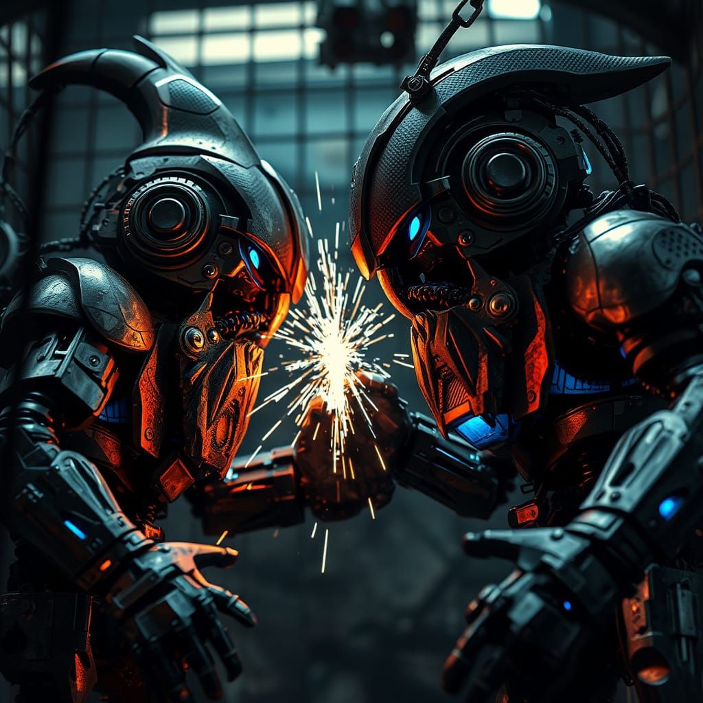 Mechanical Gnomes Clash in Dimly Lit Arena