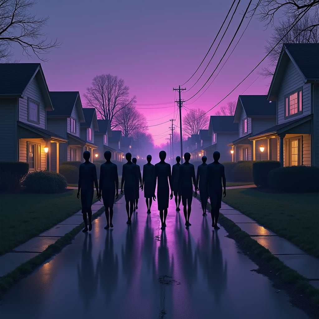 A quiet suburban neighborhood at dusk, but every house has its windows glowing with an eerie purple light, the streets a...