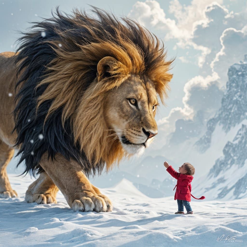 Majestic Lion Approaches Small Figure in Snowy Landscape