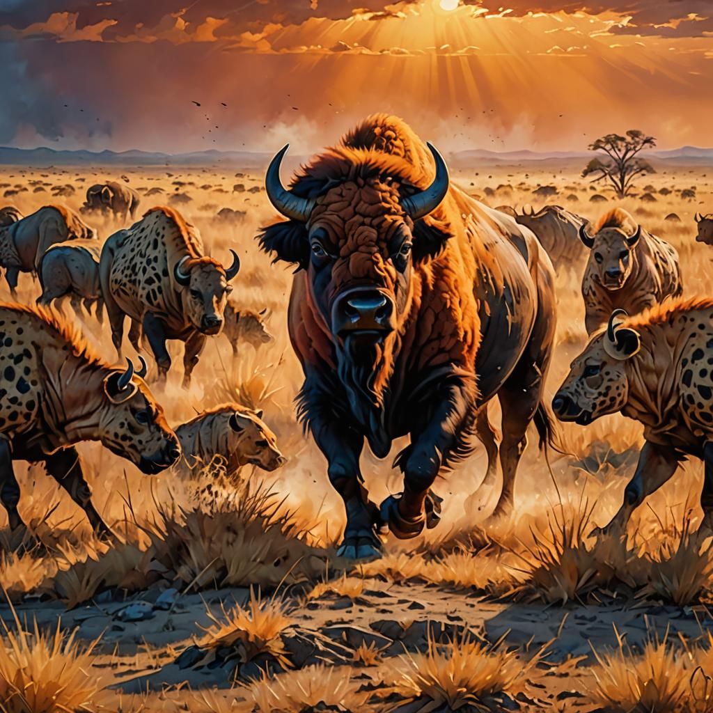 Bison vs Hyenas: Wildlife Drama in Oil Painting