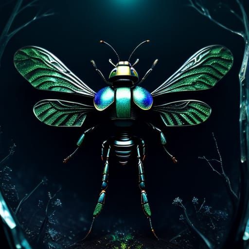 Knight Faces Swarm of Bioluminescent Insects in Dark Forest