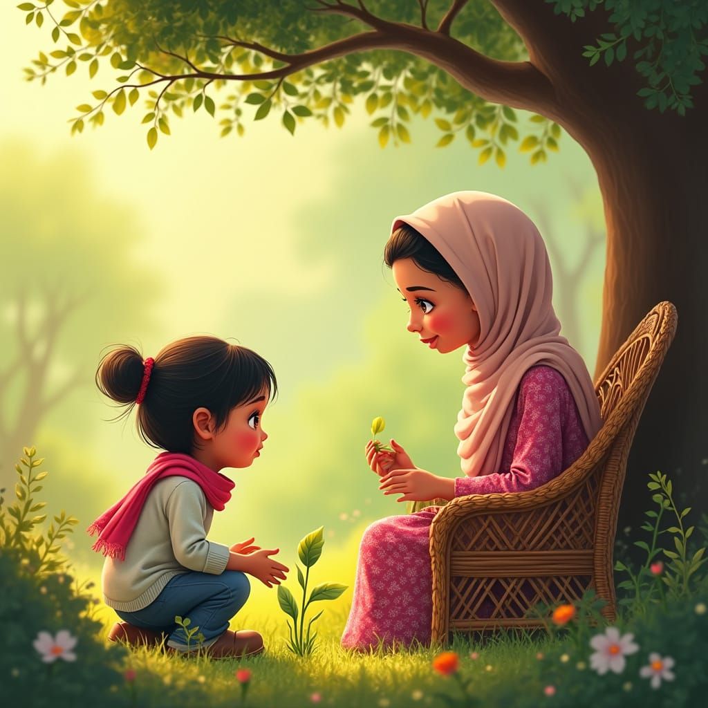 Girl and Grandmother in Garden with Islamic Art