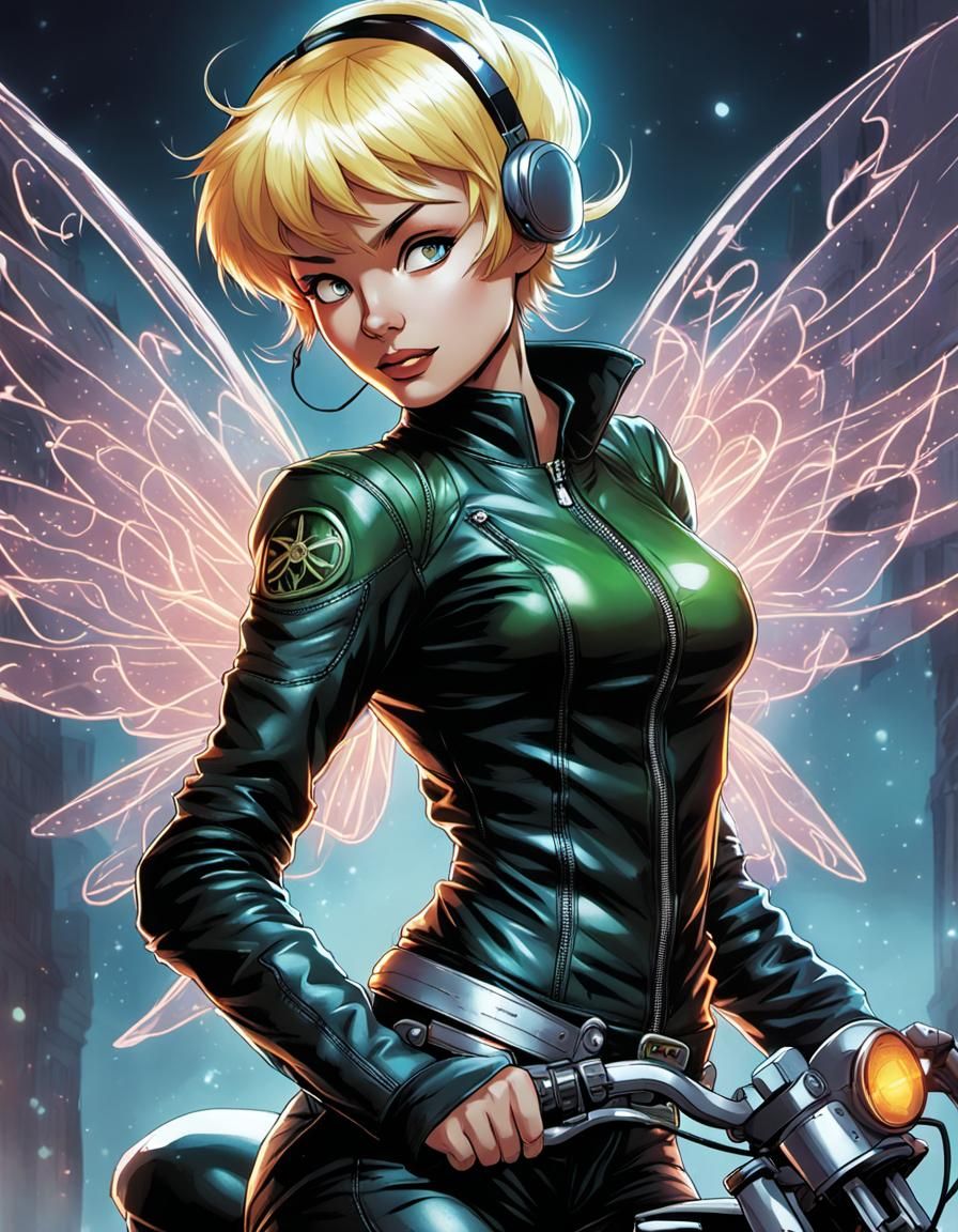 Tinkerbell Biker with Glowing Wings in Comic Style
