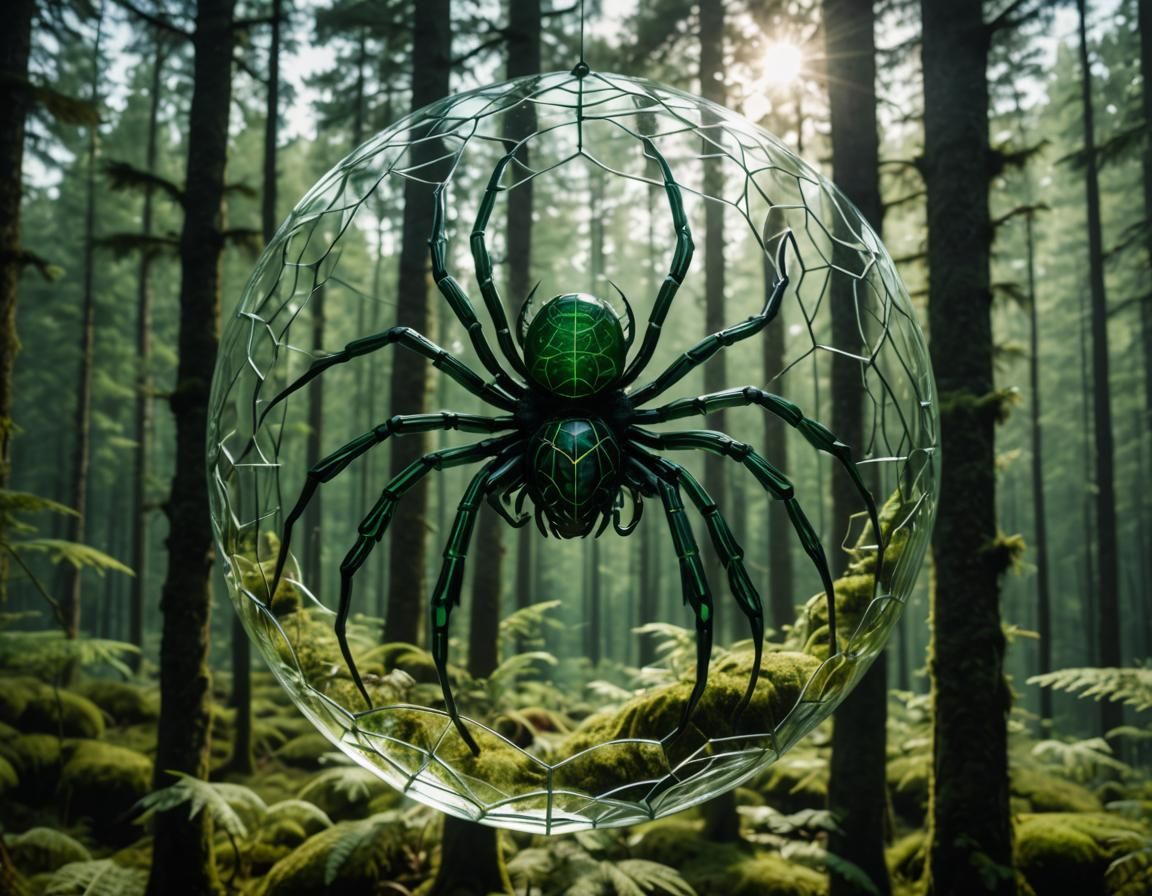 Nordic Glass Spider Silhouette Filled with Forest