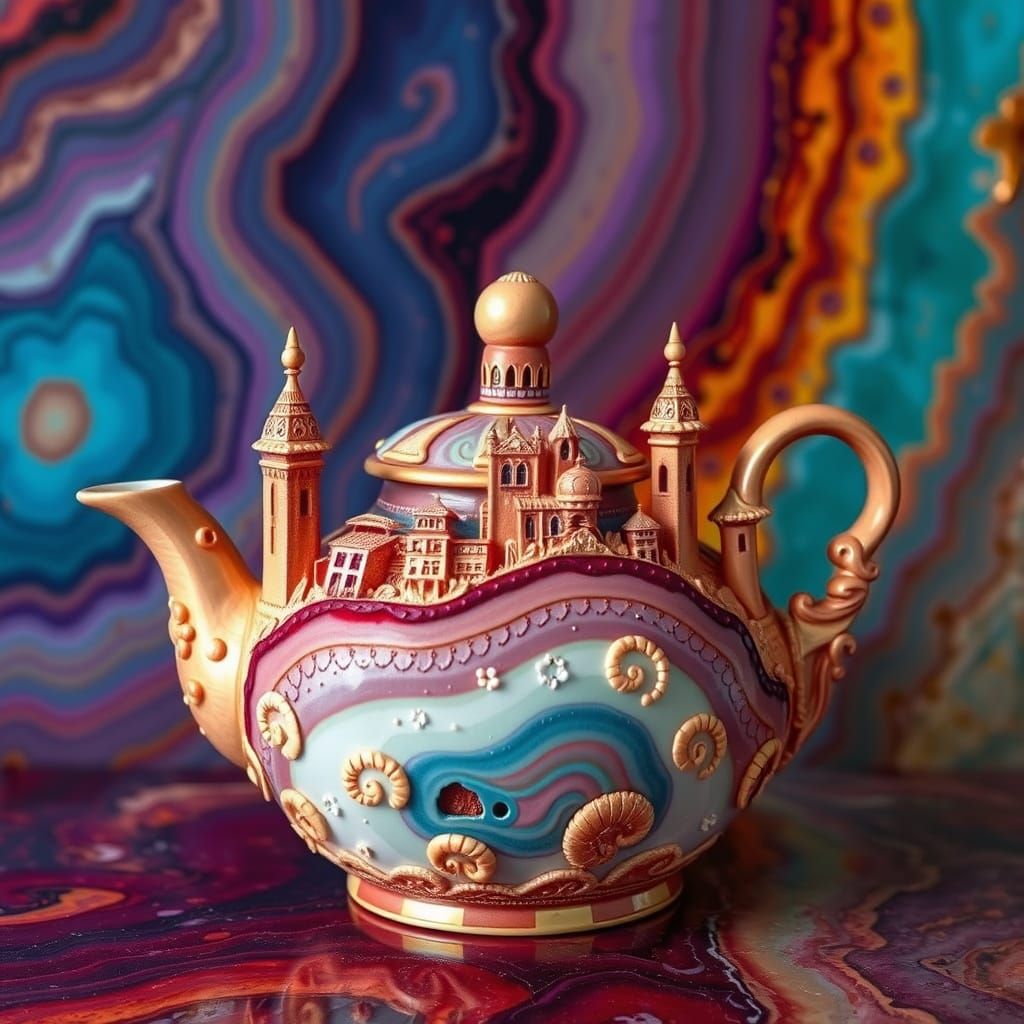 Teapot with Chatoyant Dock Towers in Abstract Style