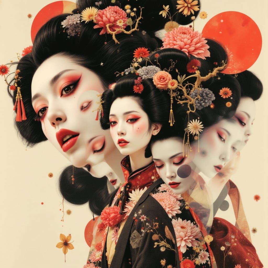 Ukiyo-e Style Geisha Composition in Dynamic Frames