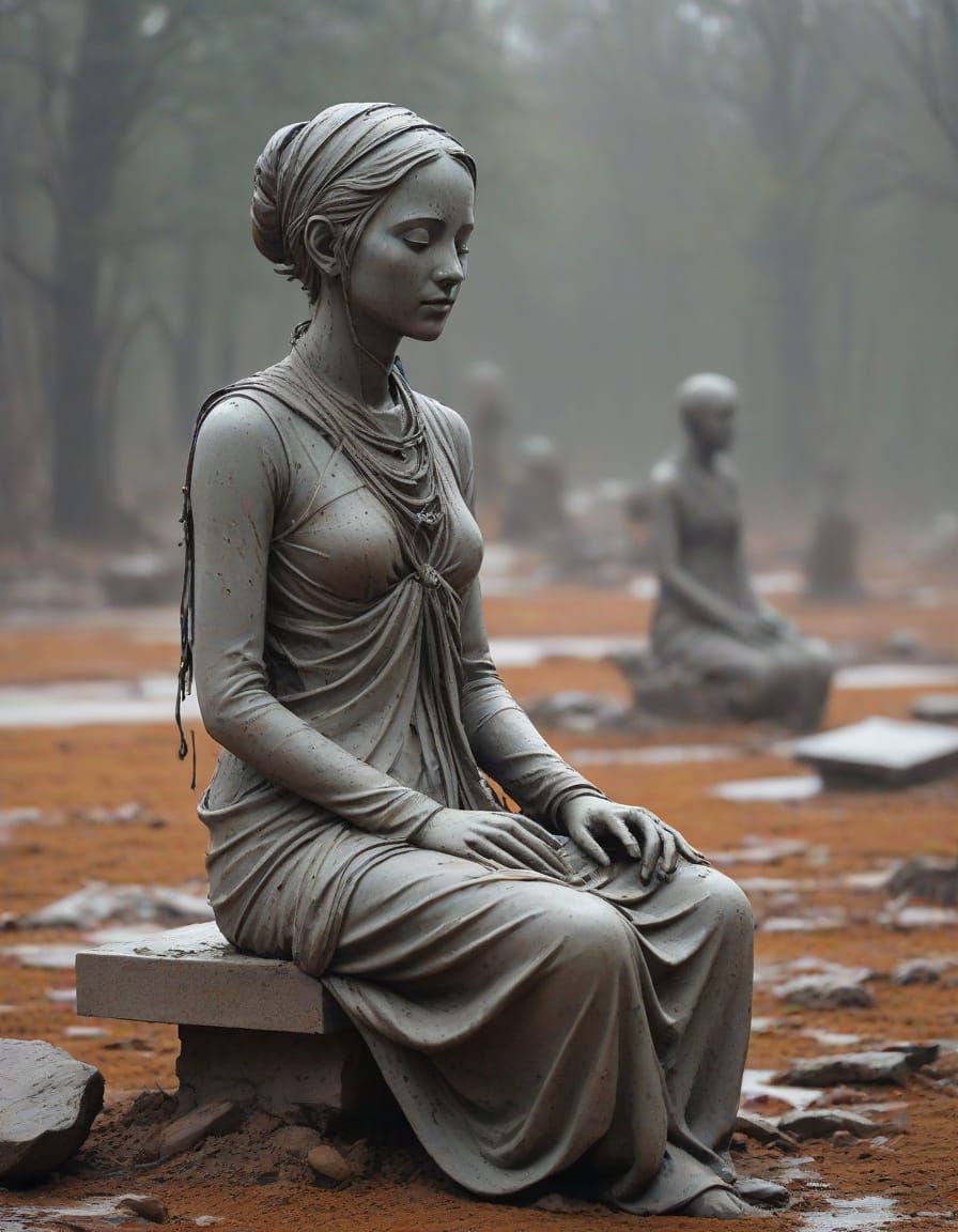 Decaying Dreamscape with Melted Statues and Fading Symbols