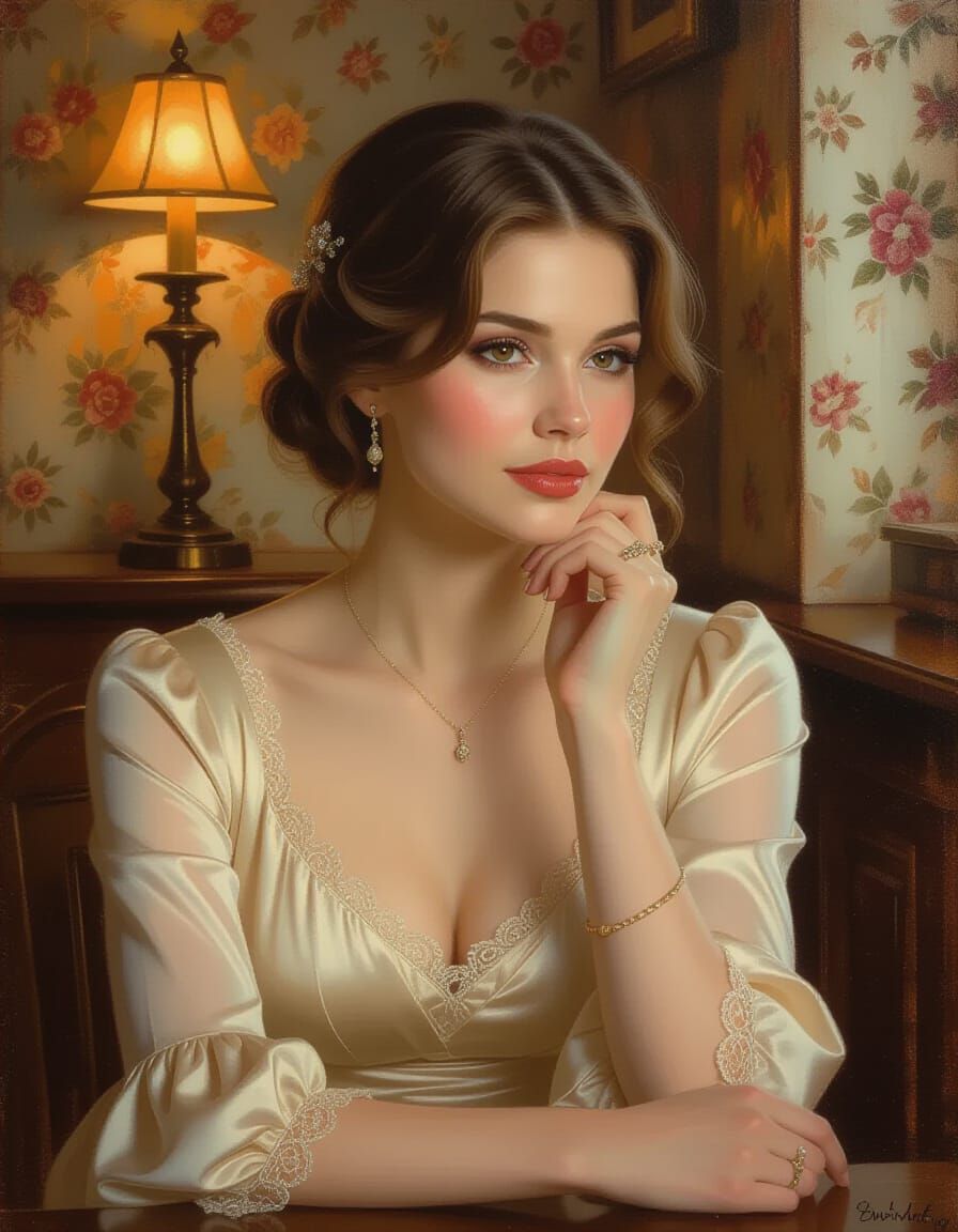 Photorealistic Woman Reflecting on Memories in Warm Light