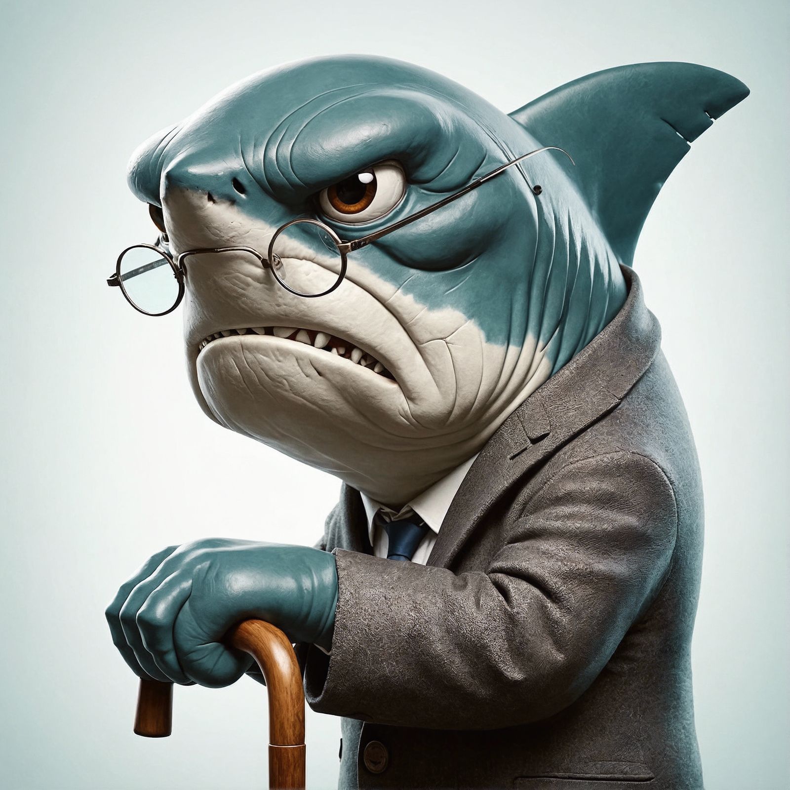 Grumpy Elderly Shark Character with Cane