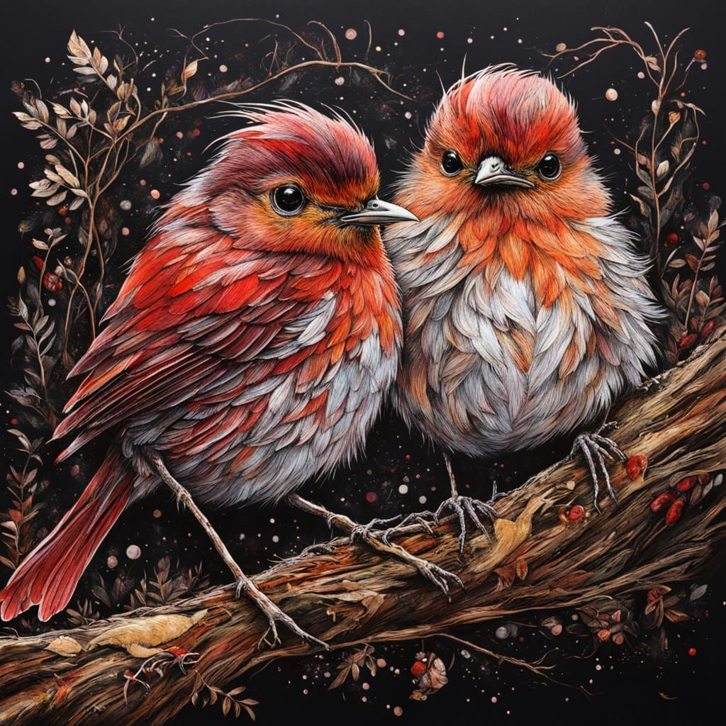 Kawaii Robin Family in Whimsical Forest Scratch Art