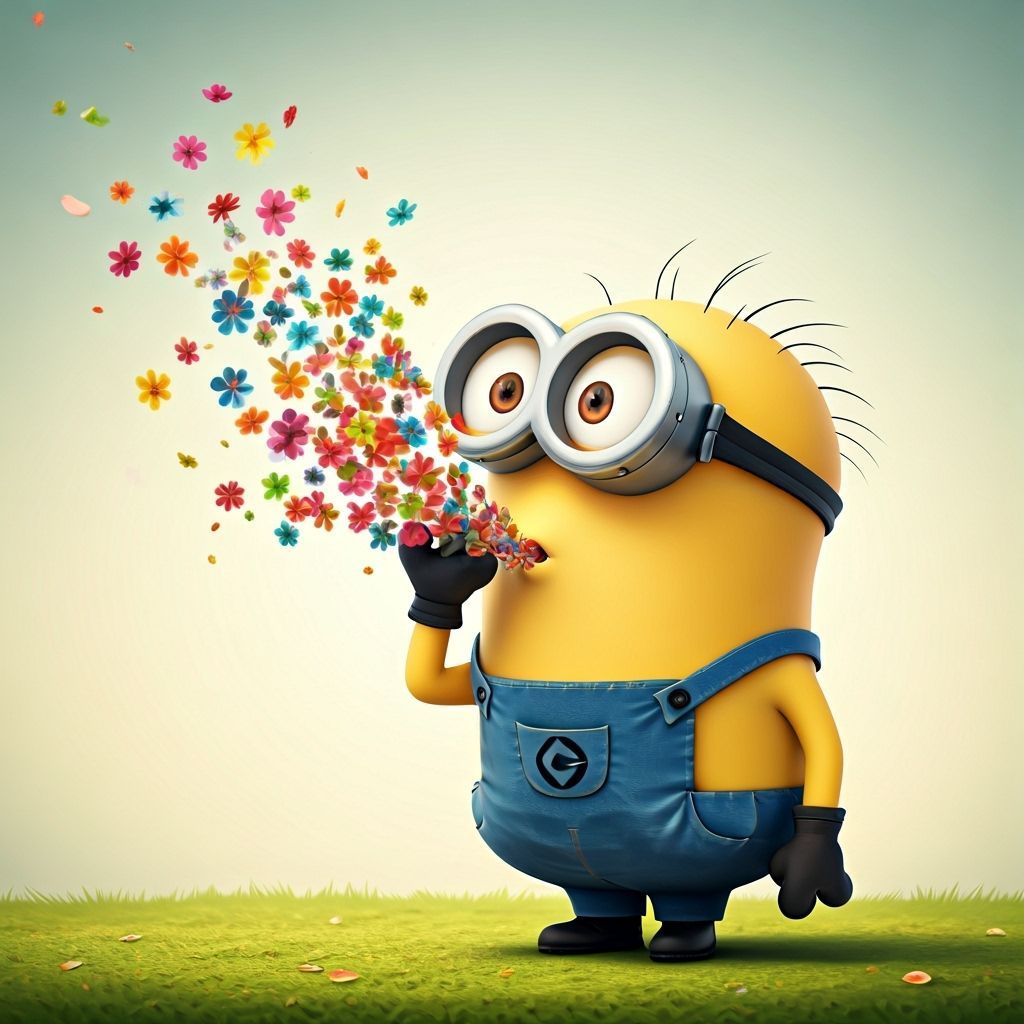 Cheerful Minion Blows Spring Flowers in Whimsical 3D Style