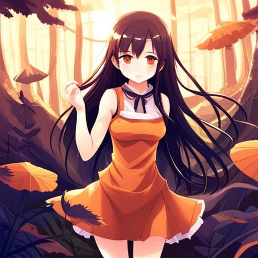 Anime Girl in Orange Mushroom Forest