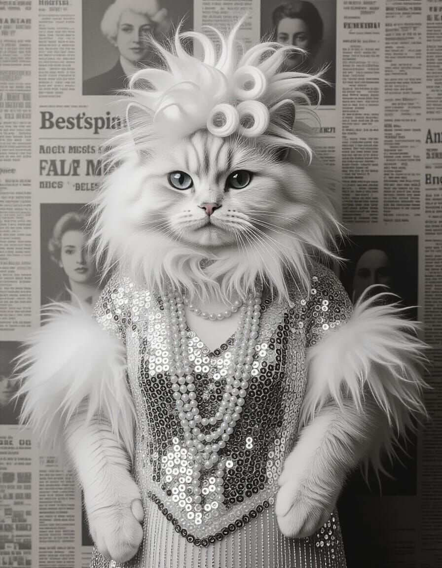 Flapper Cat in Vintage Newspaper Collage
