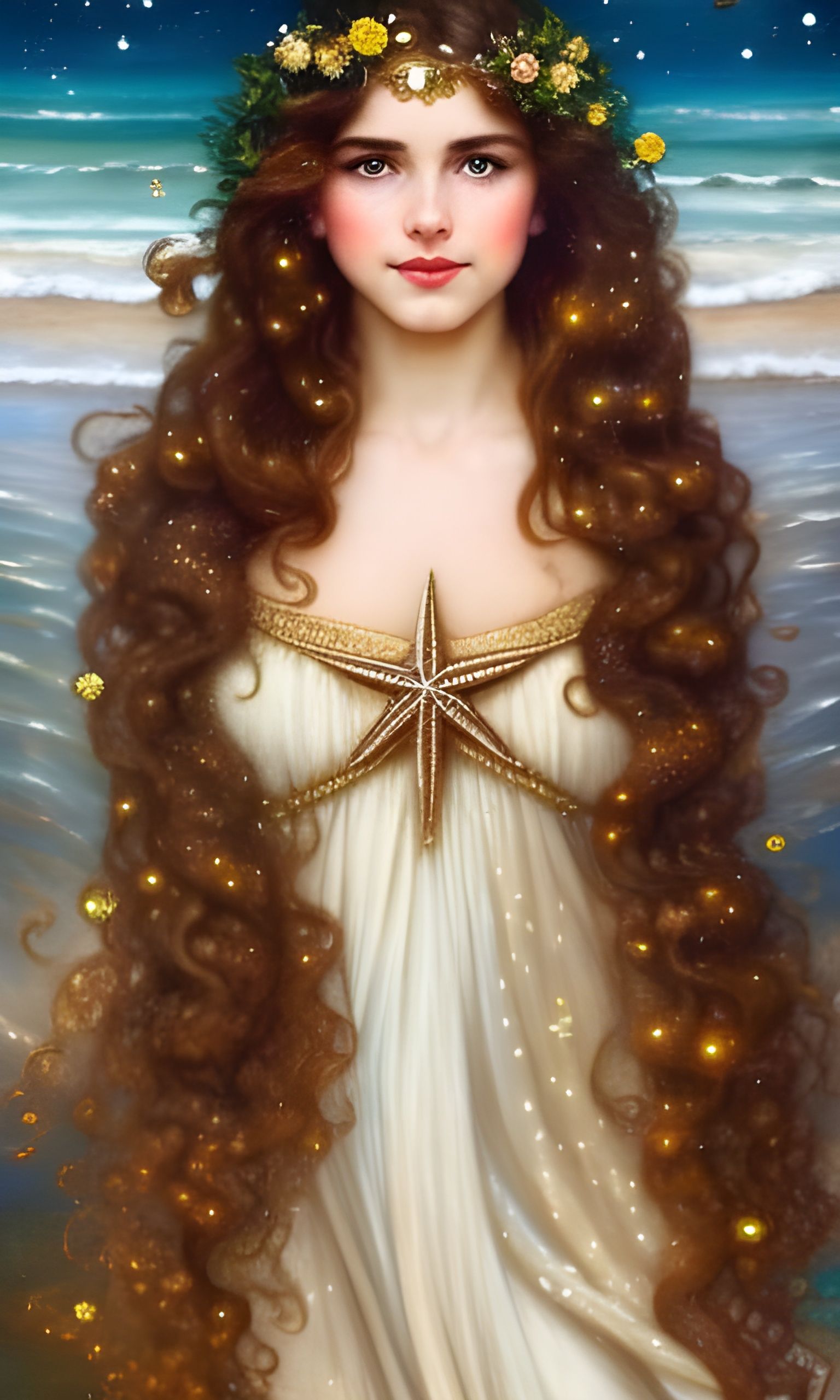 Freckled Girl on Beach Under Galaxy Sky