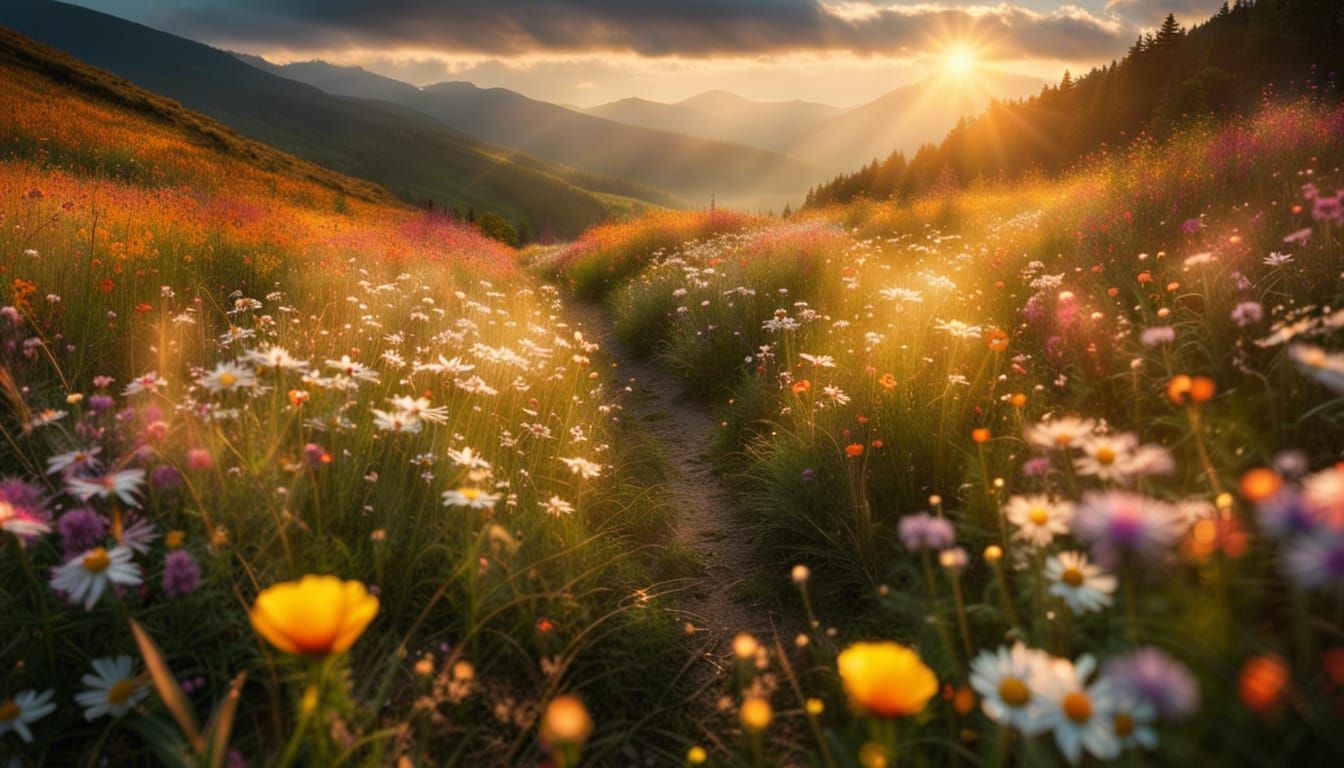 Sunrise Mountain Walk with Field Flowers