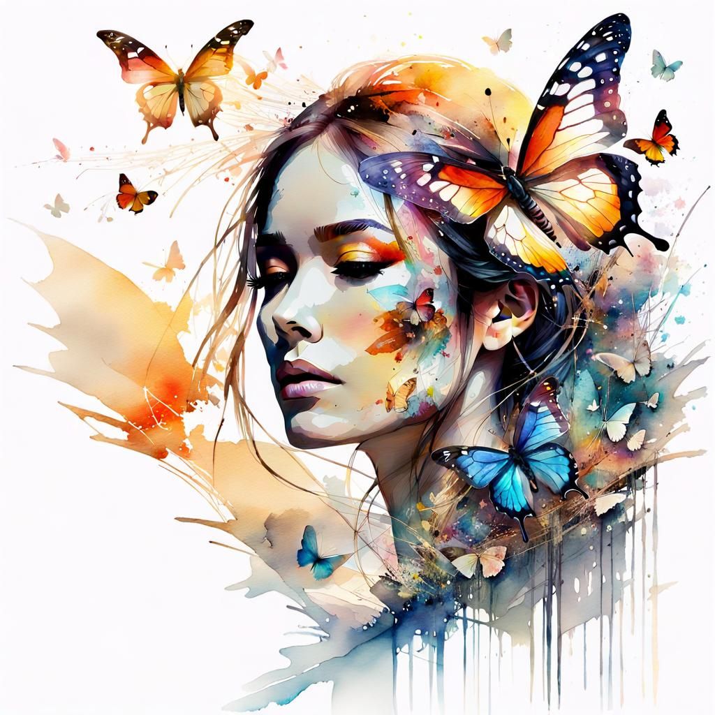 Woman Butterfly in Digital Watercolor Fantasy