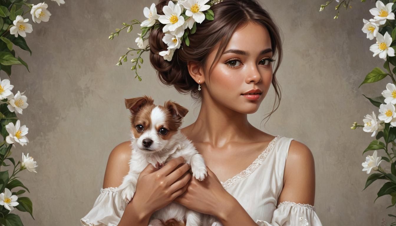 Cute Melanin Girl with Dog: Kawaii Digital Painting