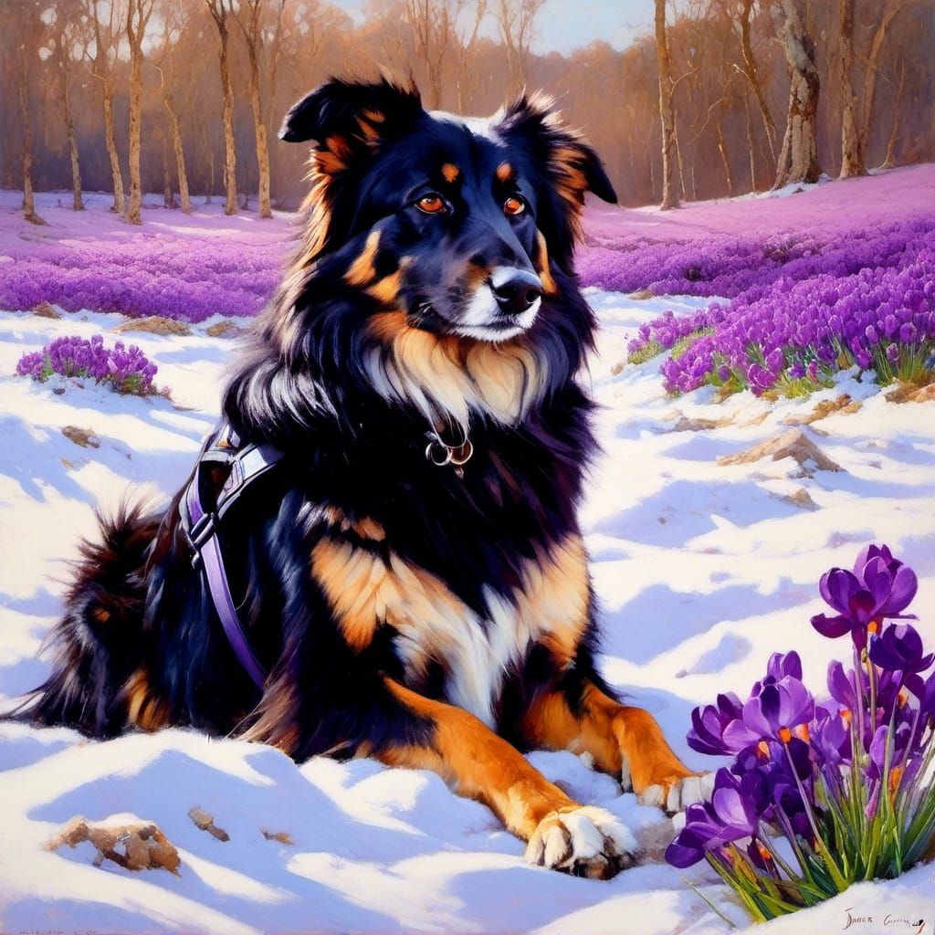 Hachi and the crocus flowers in the snow