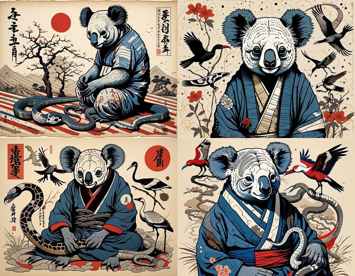 Mystical Koala Snake and Cranes in Japanese Squalor