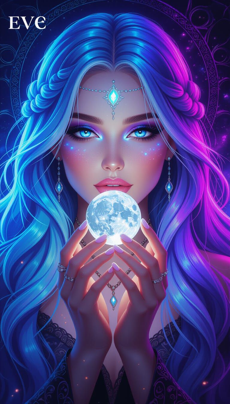 Boho-Gothic Woman with Luminescent Hair and Cosmic Aura