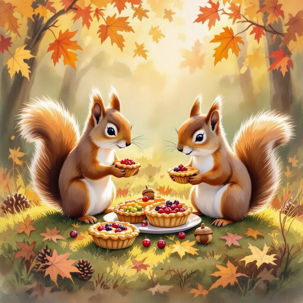 Cozy Squirrel Family Thanksgiving Feast in Watercolor Style