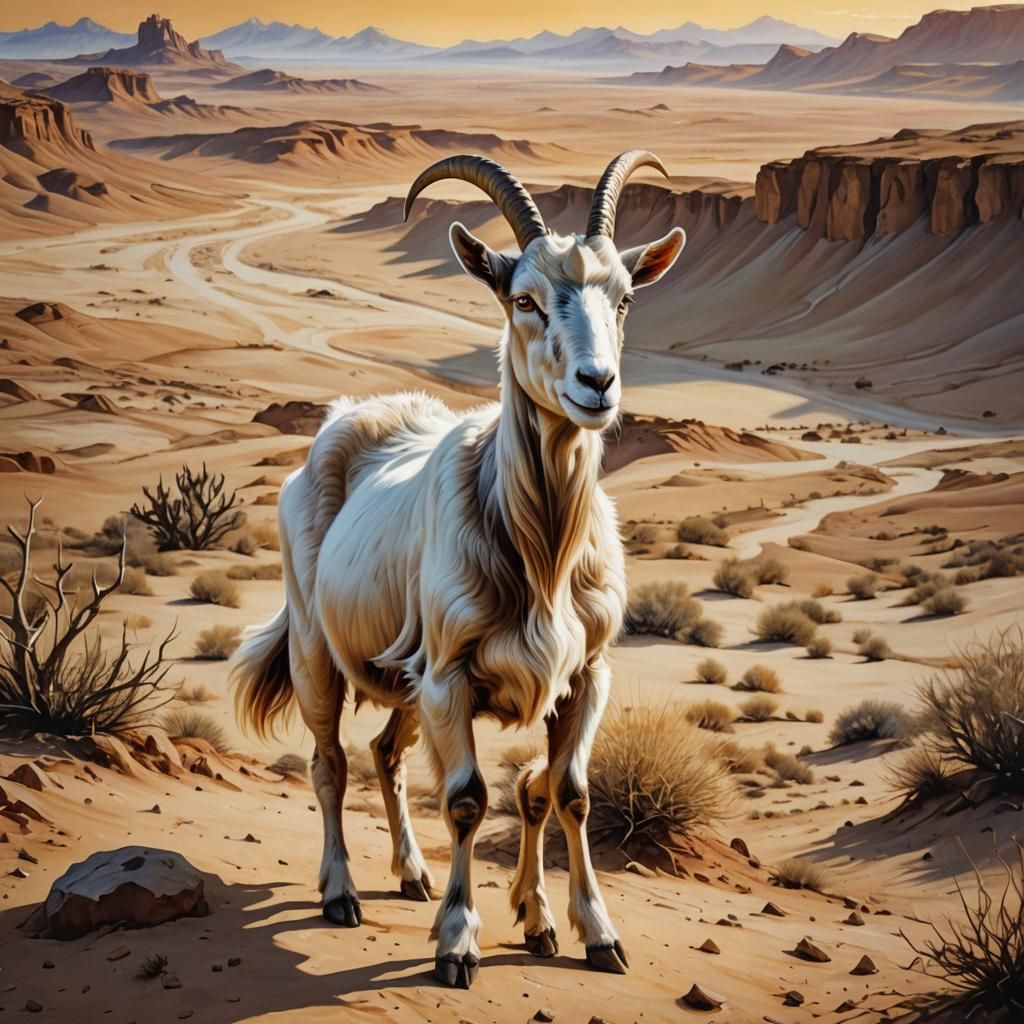 Surreal Goat with Soccer Star in Desert Landscape