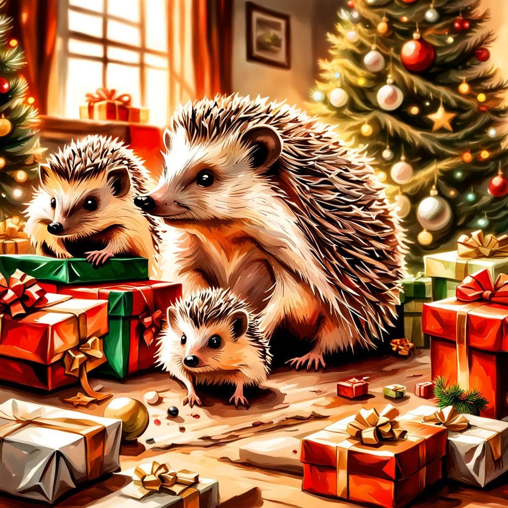 Hedgehog Family Christmas: Watercolor Style Celebration
