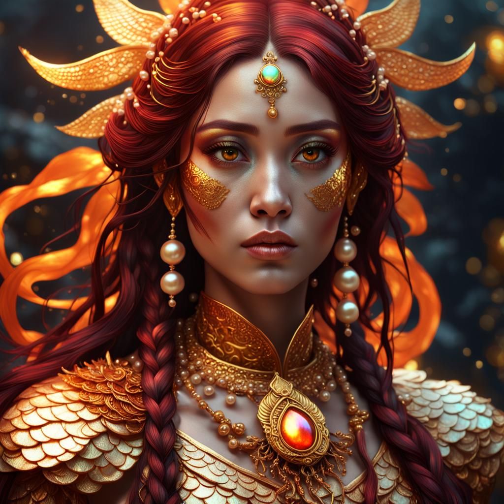 Asian Mermaid with Golden Scales in Dark Fantasy Style
