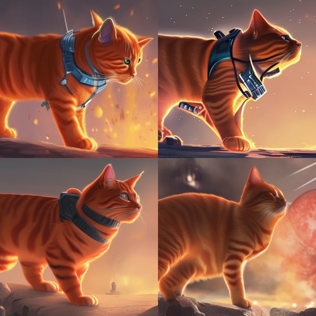 Futuristic Armored Tabby Cat in Battle Scene