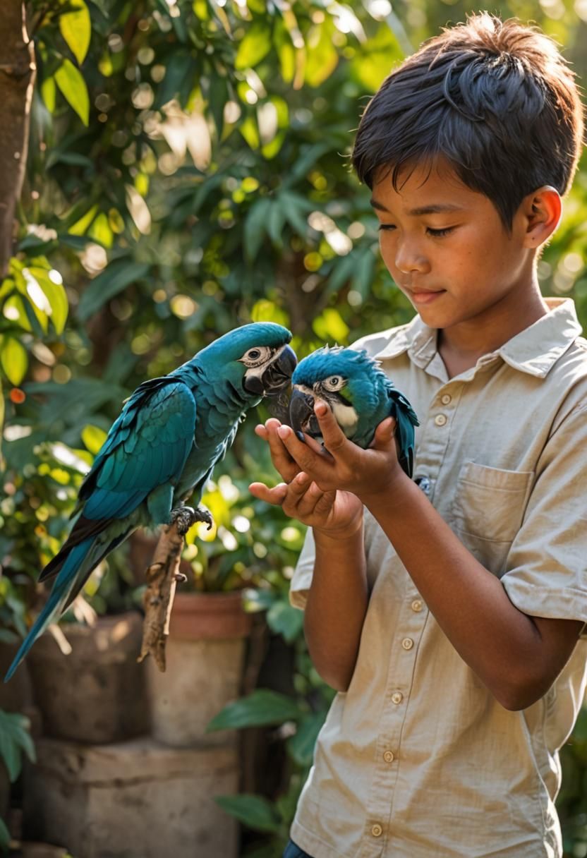 Boy Plays with Spix's Macaw in Sunlit Garden