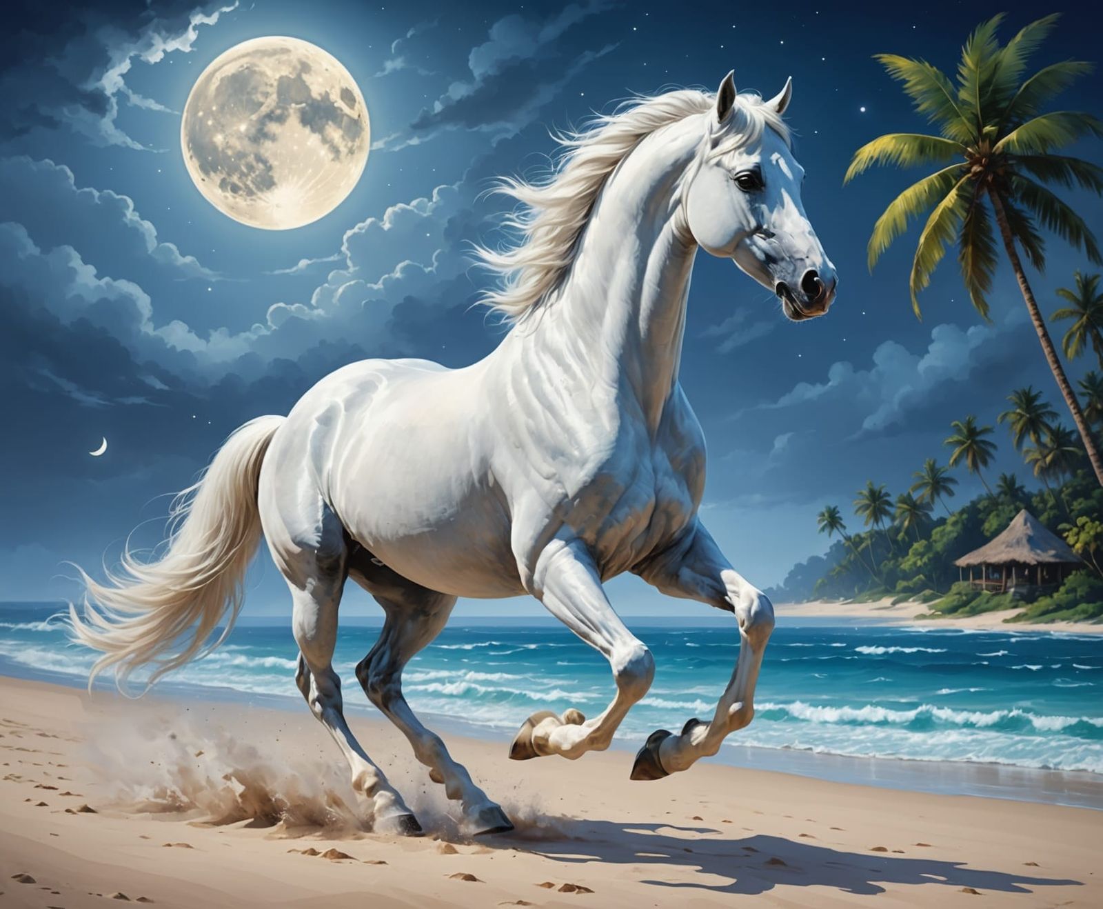 White Arabian Stallion Runs on Tropical Beach