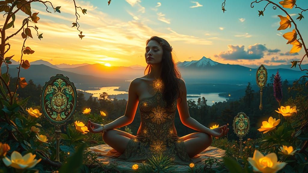 Meditating Woman in Luminous Labyrinth, Sunset Glow