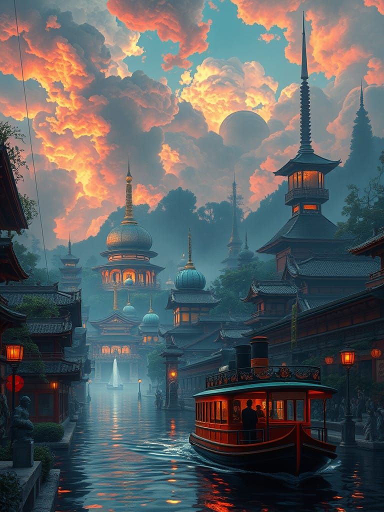 Hyperrealistic Art Nouveau Jungle Cityscape