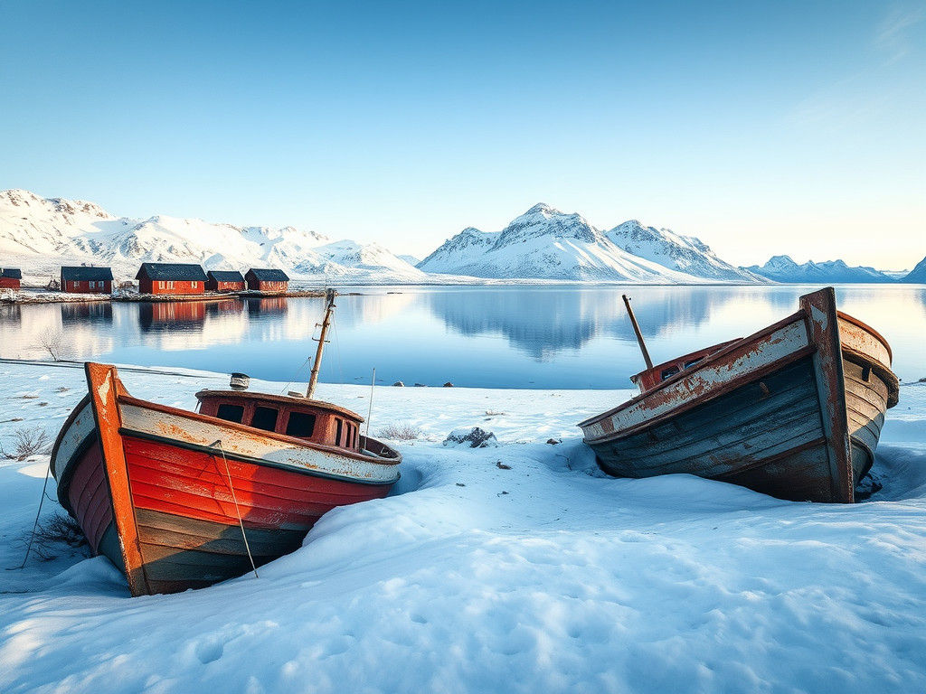 Weathered Boats in Arctic Landscape: Editorial Photography