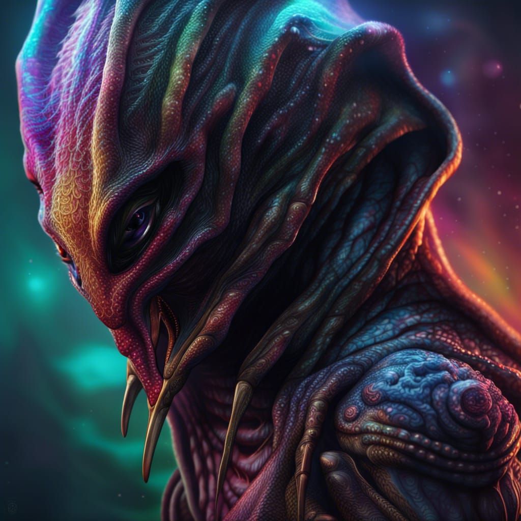 Detailed Hooded Alien Creature in Splash Art Style