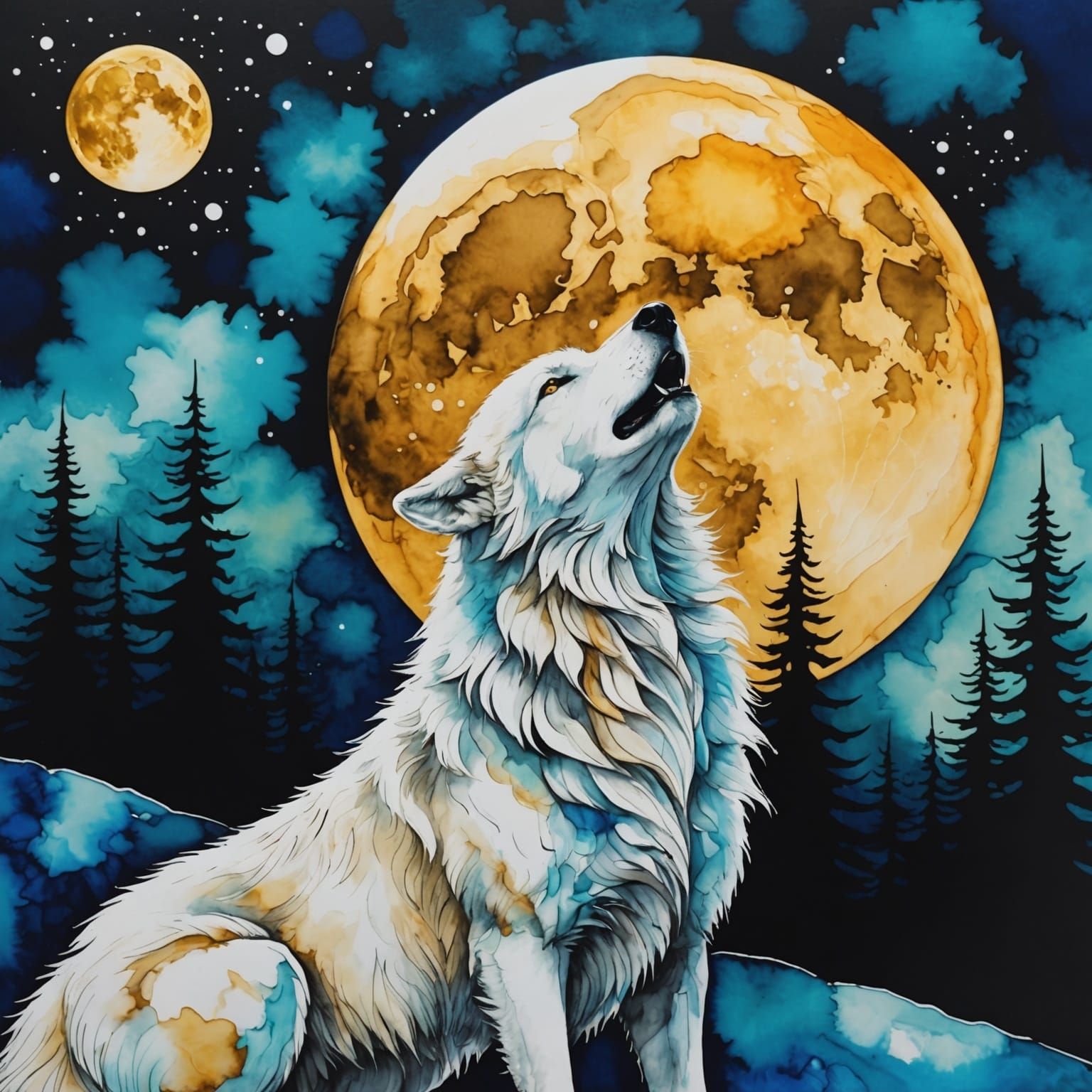 White Wolf Howling at Golden Moon in Alcohol Ink